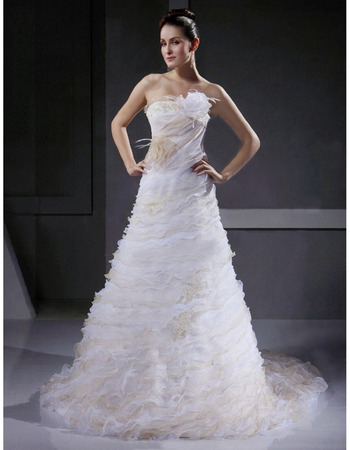 A-line Strapless Court Train Satin Organza Wedding Dress With 3D Floral