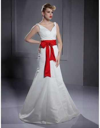 A-line V-neck Floor-length Satin Wedding Dresses with Sashes