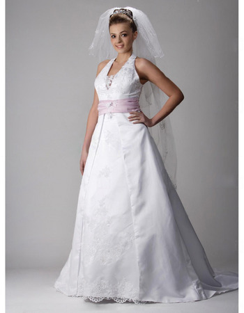 Cheap Modest A-Line Halter Sleeveless Satin Bridal Wedding Dresses