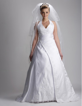 A-line Halter Court Train Sleeveless Satin Lace Wedding Dress