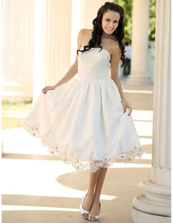 Custom A-Line Strapless Satin Lace Short Reception Wedding Dresses