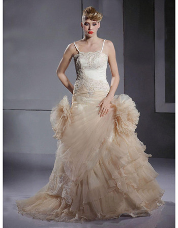 A-Line Spaghetti Straps Sleeveless Tulle Satin Floor-Length Wedding Dresses