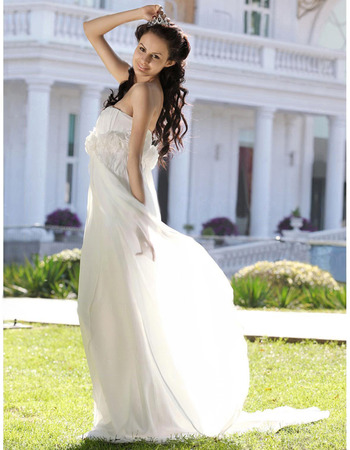 Romantic & Elegant A-line Strapless Court Train Flower Chiffon Satin Summer Garden Wedding Dress