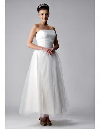 A-line Strapless Tea-length Sleeveless Satin Tulle Wedding Dress