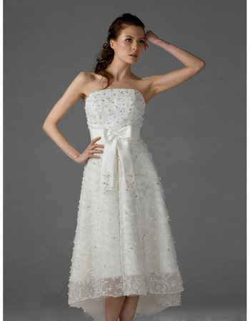 Strapless High-Low Lace Short Reception Wedding Dress with Sash