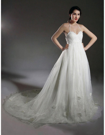 Ball Gown Halter Court Train Taffeta Wedding Dress With Beaded Appliques