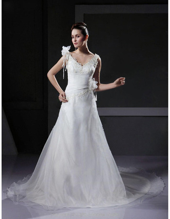 Custom A-Line V-Neck Court Train Satin Organza Wedding Dresses