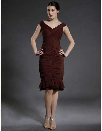 Sheath/ Column V-Neck Knee-Length Chiffon Matte Satin Mother of the Bride Dress