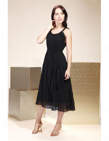 Inexpensive Sexy Straps Tea Length Chiffon Black Bridesmaid Dresses