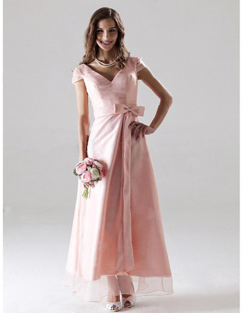 Simple V-Neck Short Sleeves Tea-Length Satin Bridesmaid Dresses