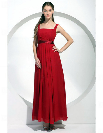 Affordable Square Neck Red Chiffon Long Bridesmaid Dresses with Straps