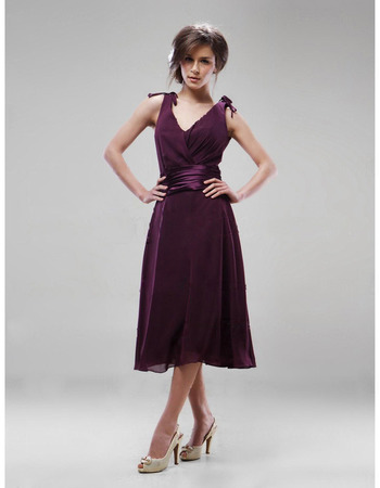 Affordable V-Neck Tea-Length Chiffon Summer Beach Bridesmaid Dresses