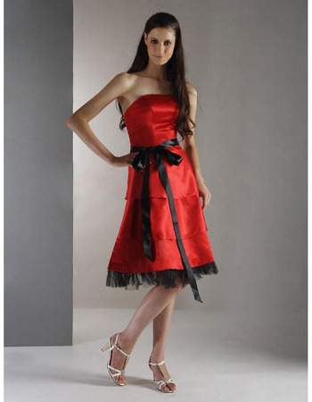 Discount Red Strapless Satin Short Bridesmaid Dresses with Sashes