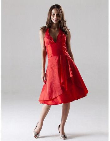 Discount Sexy A-Line Halter Knee-Length Red Taffeta Bridesmaid Dresses