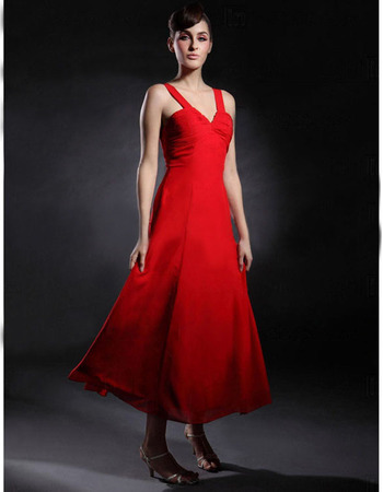 Sexy Straps Tea-Length Red Chiffon Bridesmaid/ Wedding Party Dresses
