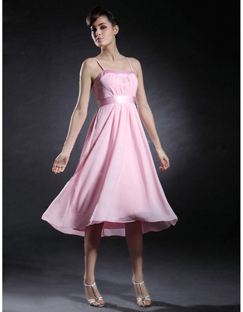 Spaghetti Straps Chiffon A-Line Knee Length Pink Bridesmaid Dresses