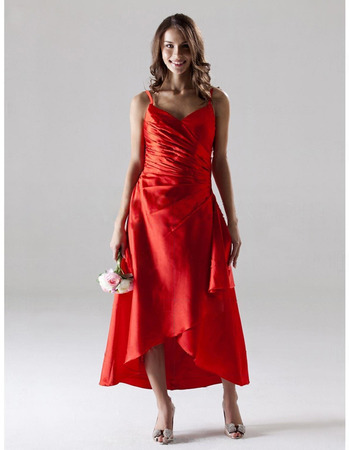 Asymmetric Spaghetti Straps Satin Bridesmaid/ Wedding Party Dresses