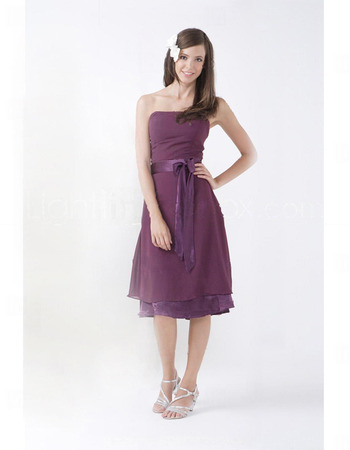 Knee Length Chiffon Strapless Summer Bridesmaid/ Wedding Party Dresses