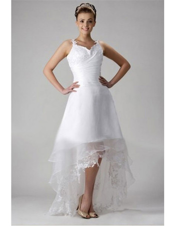 A-Line Straps Sleeveless Asymmetric Zipper Back Diagonal Pleat Satin Organza Short Wedding Dresses
