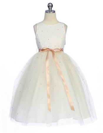 Custom Tea Length Satin Tulle First Communion Dresses with Ribbons