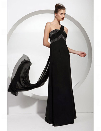 Stylish Empire One Shoulder Floor Length Chiffon Black Evening Dresses