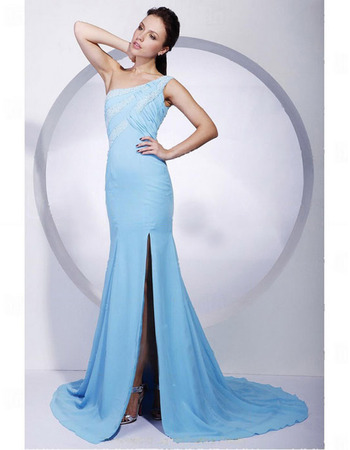 Mermaid Chiffon Evening Dress/ Long One Shoulder Prom Dress