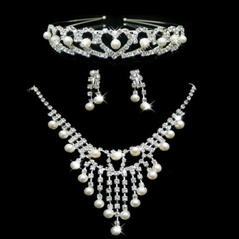 Crystal and Pearl Earring Necklace Tiara Set Wedding Bridal Jewelry Collection