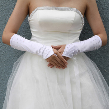 White Satin Hollow Out Wedding Gloves with Beading