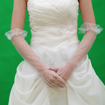 Elbow White Voile Wedding Gloves with Ruffle