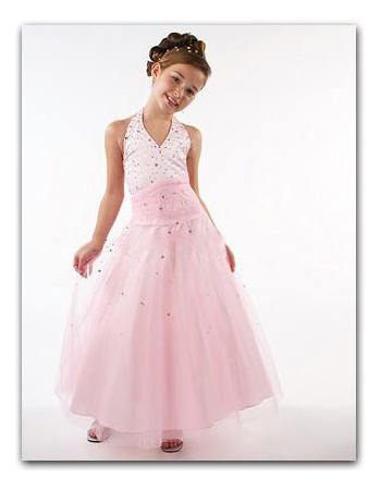 Halter Pink Easter Girls Dresses/ Organza Beaded Flower Girl Dresses