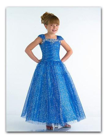 Beaded Blue Easter Girls Dresses/ Cap Sleeves Tulle Flower Girl Dresses