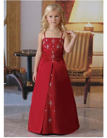 Custom A-Line Spaghetti Straps Long Red Little Girls Holiday Dresses