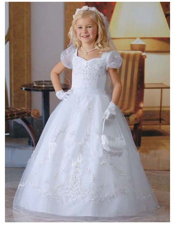 Affordable Ball Gown Bubble Sleeves Long First Communion Dresses