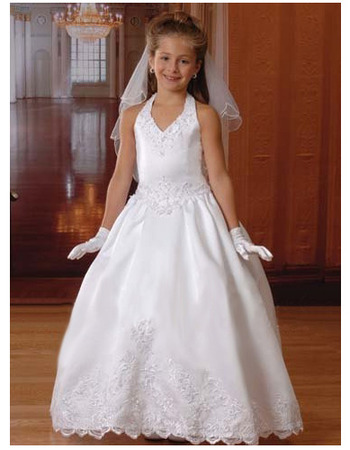 Discount Halter Floor Length Satin Bubble Skirt First Communion Dresses