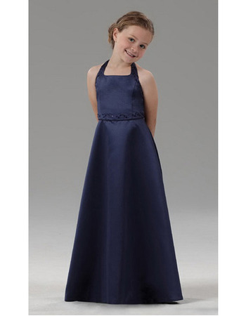 Sheath Halter Floor Length Satin Navy Flower Girl Dresses