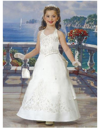 Inexpensive Adorable Halter Floor Length Satin First Communion Dresses