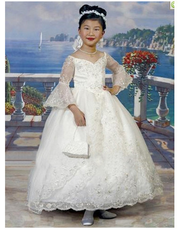 New Custom Ball Gown V-Neck First Communion Dresses with Sleeves