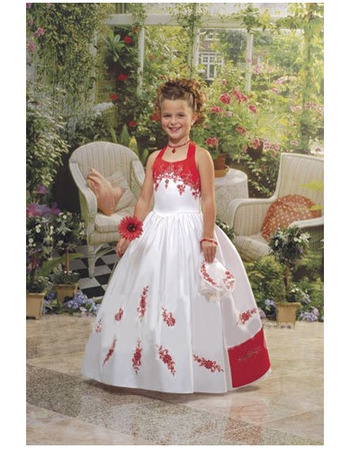 Inexpensive Cute Ball Gown Halter Long Colored Flower Girl Dresses