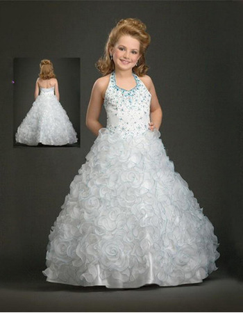 White Halter Ruffled First Communion Dresses/ Flower Girl Dresses