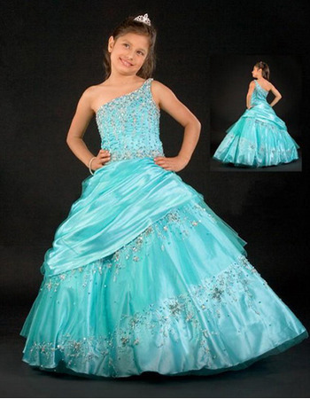 Discount Luxurious Ball Gown One Shoulder Beaded Flower Girl Dresses