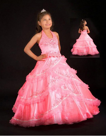 Affordable Stunning Halter Full Length Taffeta Flower Girl Dresses