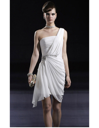 One Shoulder Short Cocktail Dresses/ Column White Chiffon Party Dresses