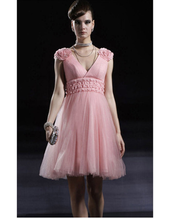 Pink Floral Short Cocktail Dresses/ A-Line V-Neck Organza Party Dresses