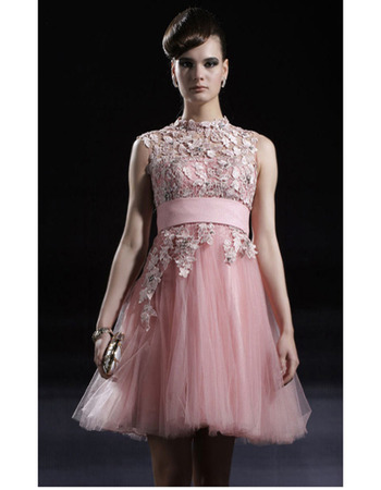 Designer Pink Applique Short Cocktail Dresses/ A-Line Organza Party Dresses