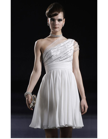One Shoulder Short Cocktail Dresses/ A-Line White Chiffon Party Dresses