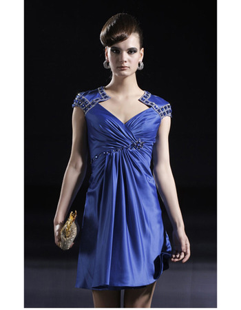 Royal Blue Short Cocktail Dresses/ Sheath V-Neck Satin Party Dresses