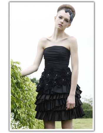 Tiered A-Line Short Cocktail Dresses/ A-Line Black Satin Party Dresses