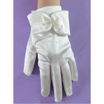 Wrist Elastic Satin White Flower Girl/ First Communion Gloves with Bows