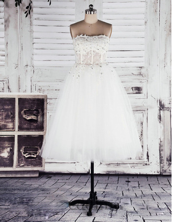 Affordable A-Line Strapless Organza Short Reception Wedding Dresses