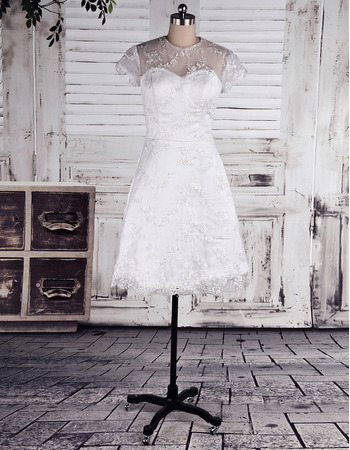 Custom Lace Short Reception Wedding Dresses with Short Sleeves